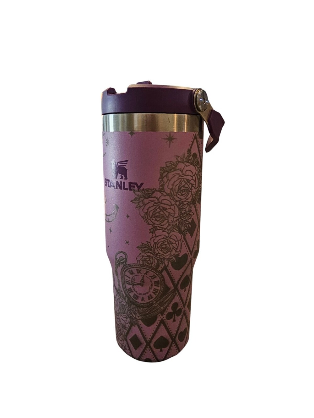 Stanley 30oz Purple Travel Tumbler with Alice in Wonderland Design